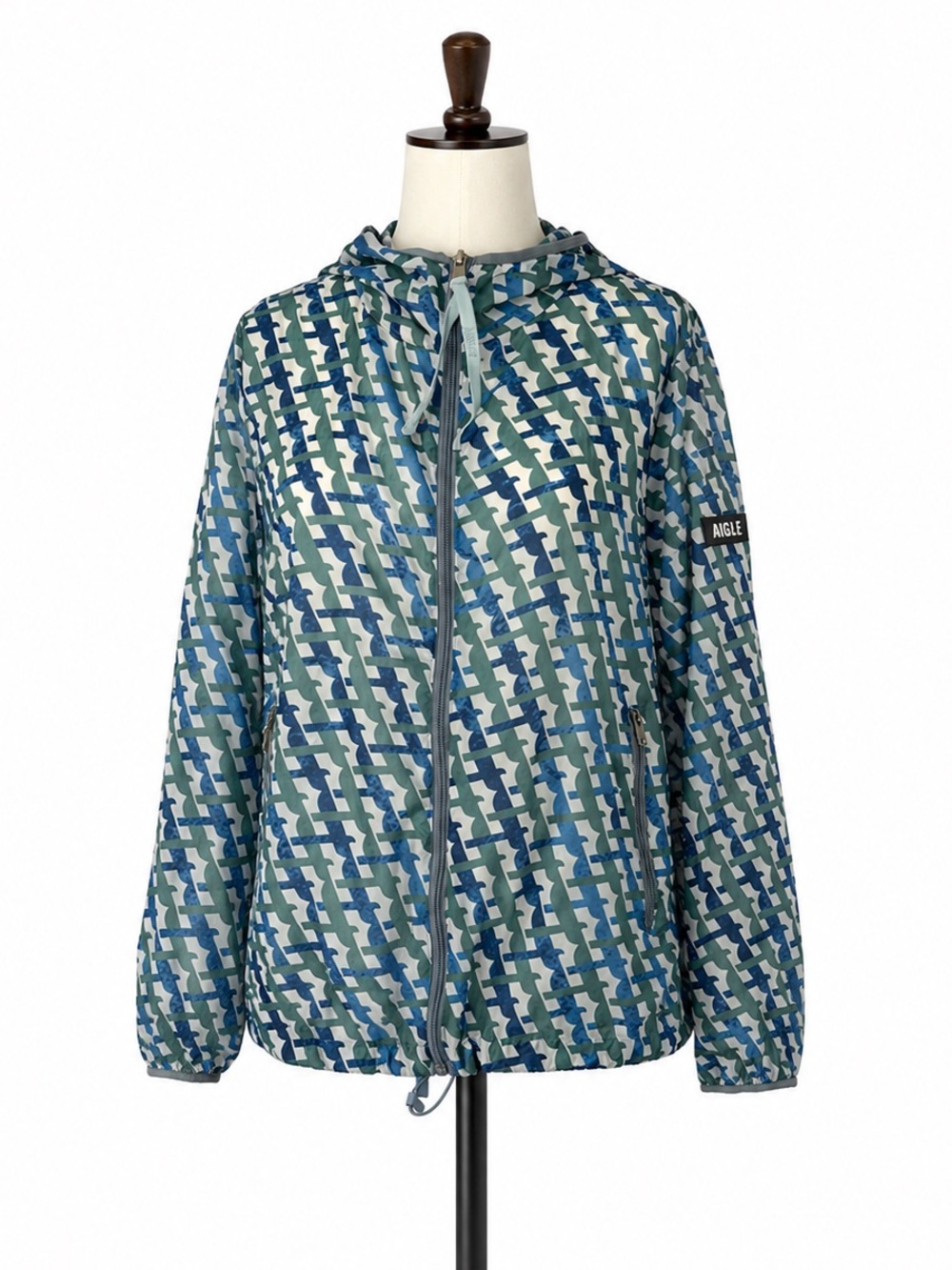 AIGLE Hooded Lightweight Windbreaker Jacket Blue Green Geometric Print - US 6